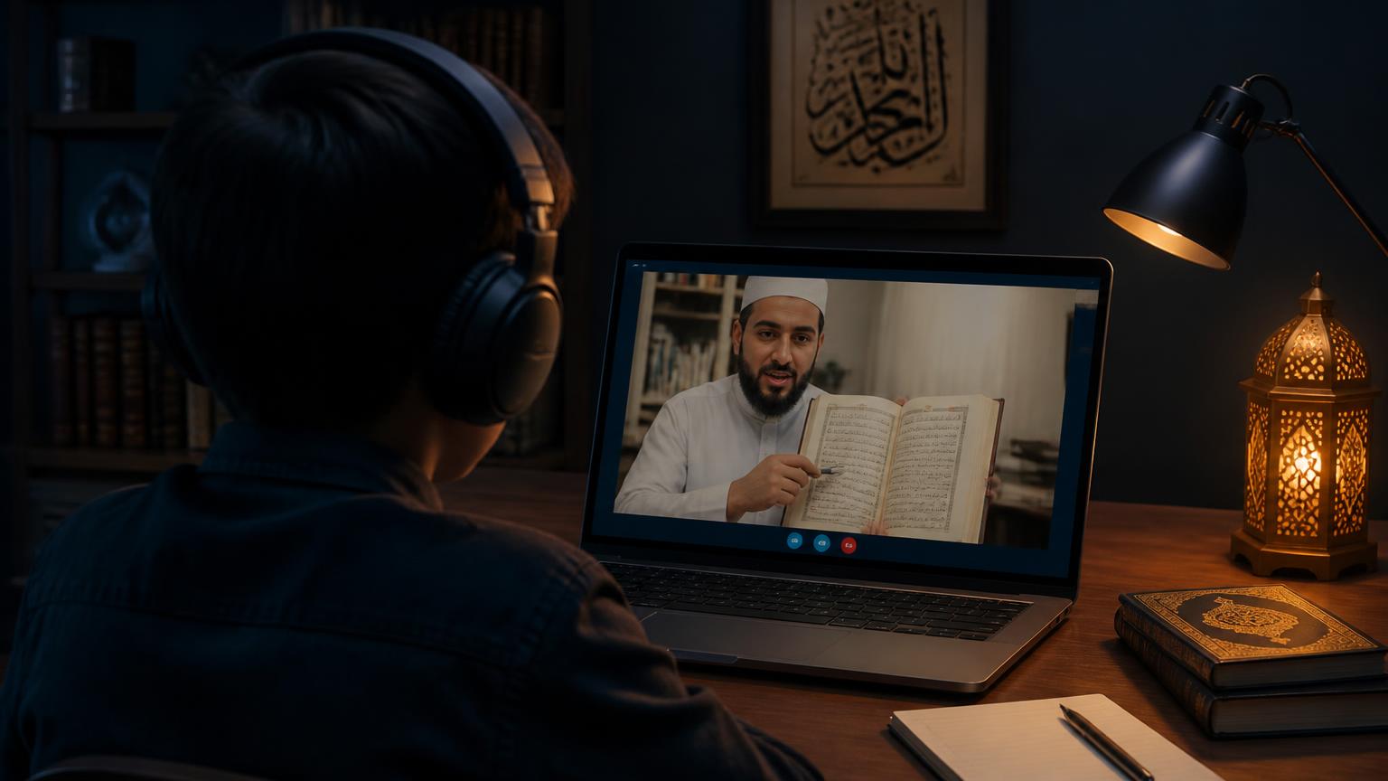 Student attending a live online Quran class with a teacher on screen
